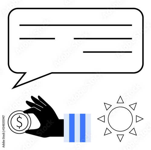 Hand holding coin, speech bubble symbolizing communication, sun representing energy or growth. Ideal for finance, savings, communication, investments, sustainability, renewable energy personal