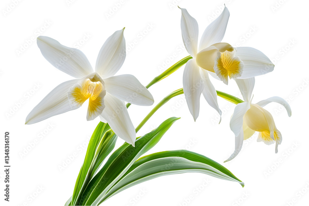 Obraz premium Three Beautiful White Orchids With Green Stems On Black Background
