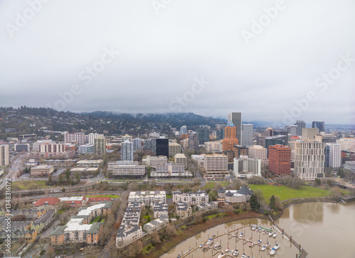 A city view with a large body of water in the background