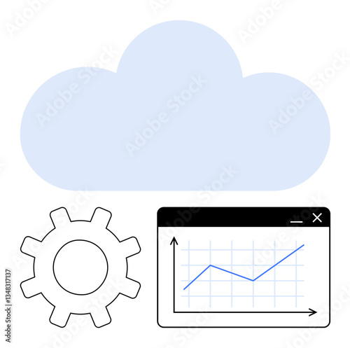 Cloud with a line graph and gear symbolizing data analytics, system optimization, and cloud storage. Ideal for technology, business strategy, data management, innovation, cloud solutions, performance