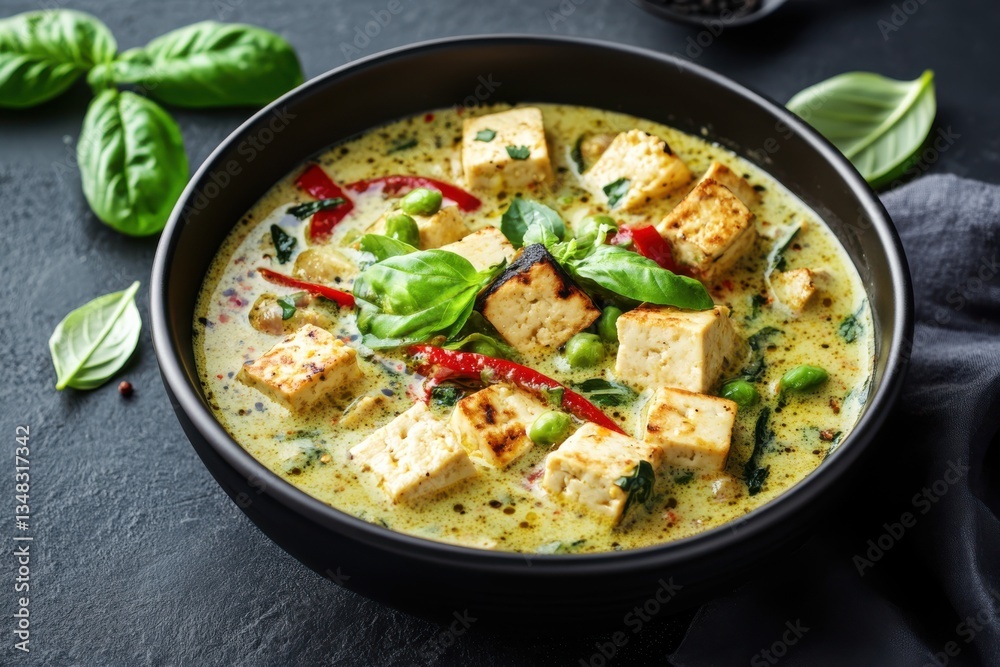 Aromatic green curry with tofu and fresh basil served in a stylish black bowl Aromatic green curry with tofu and fresh basil served in a stylish black bowl