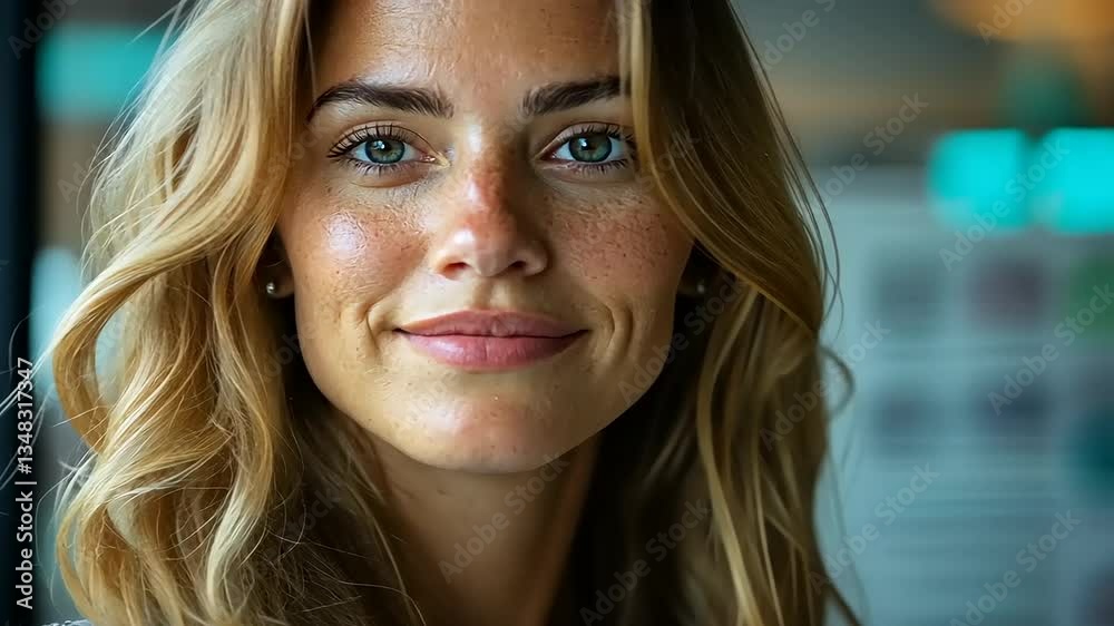 Young woman smiling in a modern cafe setting Young woman smiling in a modern cafe setting