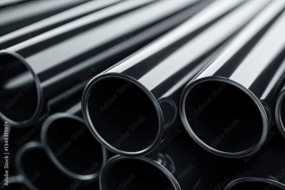 Stacked metal pipes. Close-up view of many cylindrical pipes arranged in layers. Glossy, dark surfaces Stacked metal pipes. Close-up view of many cylindrical pipes arranged in layers. Glossy, dark surfaces