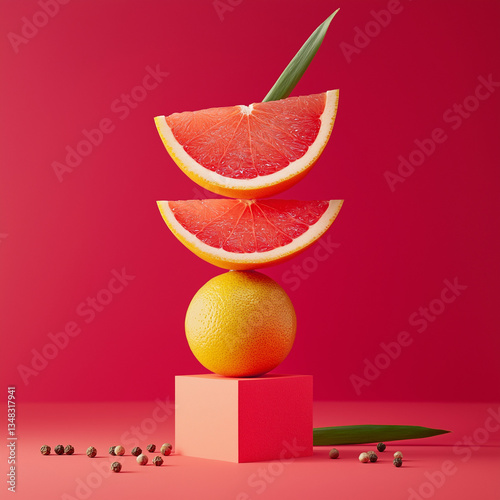 A close up of a red and yellow fruit pyramid