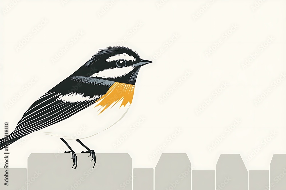 Obraz premium Illustrated bird perched on fence, simple background