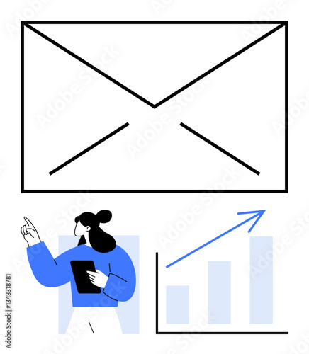 Large email envelope above woman holding tablet, pointing at a bar graph with upward arrow. Ideal for business, marketing, email campaigns, analytics, growth, strategy digital concepts. Clear flat