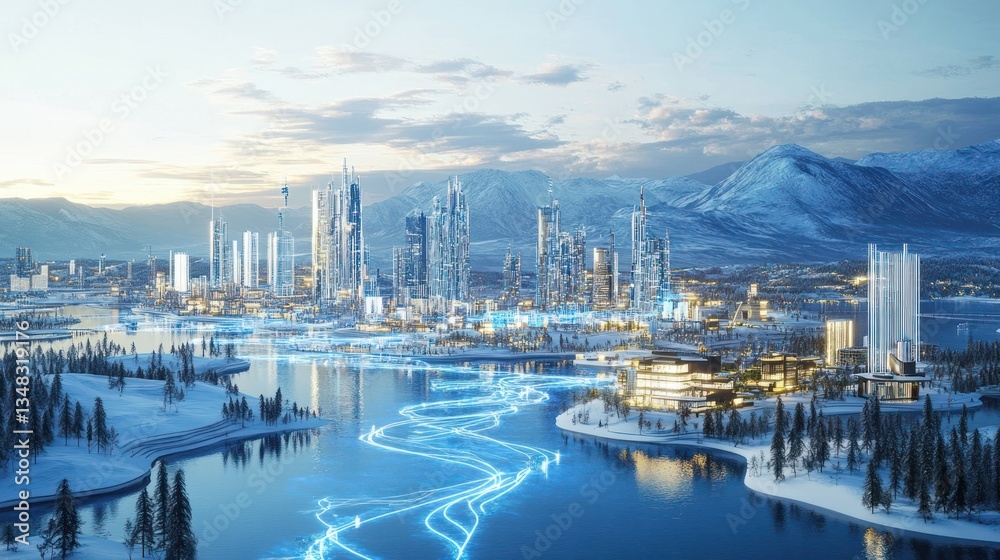 Fototapeta premium Futuristic snow city skyline by a river