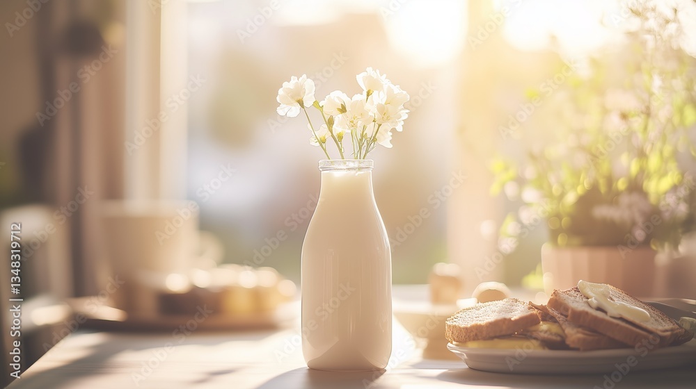 A serene morning scene featuring a bottle with white flowers, toast, and sunlight filtering through a window. A serene morning scene featuring a bottle with white flowers, toast, and sunlight filtering through a window.