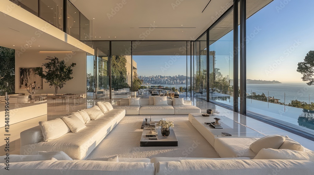 Fototapeta premium Luxury Coastal Living Room with Panoramic Ocean Views