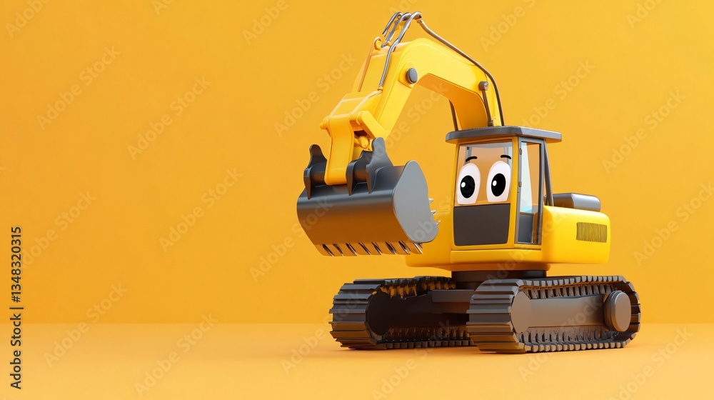 Obraz premium Playful Yellow Cartoon Excavator on Orange Background