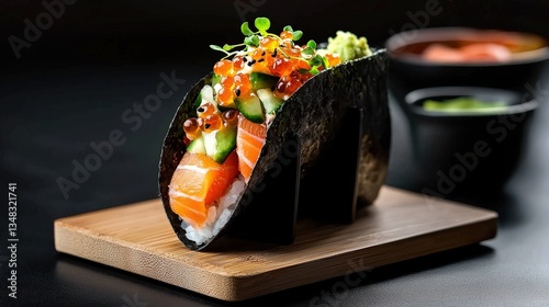 A delectable sushi taco filled with fresh salmon, cucumber, rice, and fish eggs sits on a rustic wooden board against a dark background.