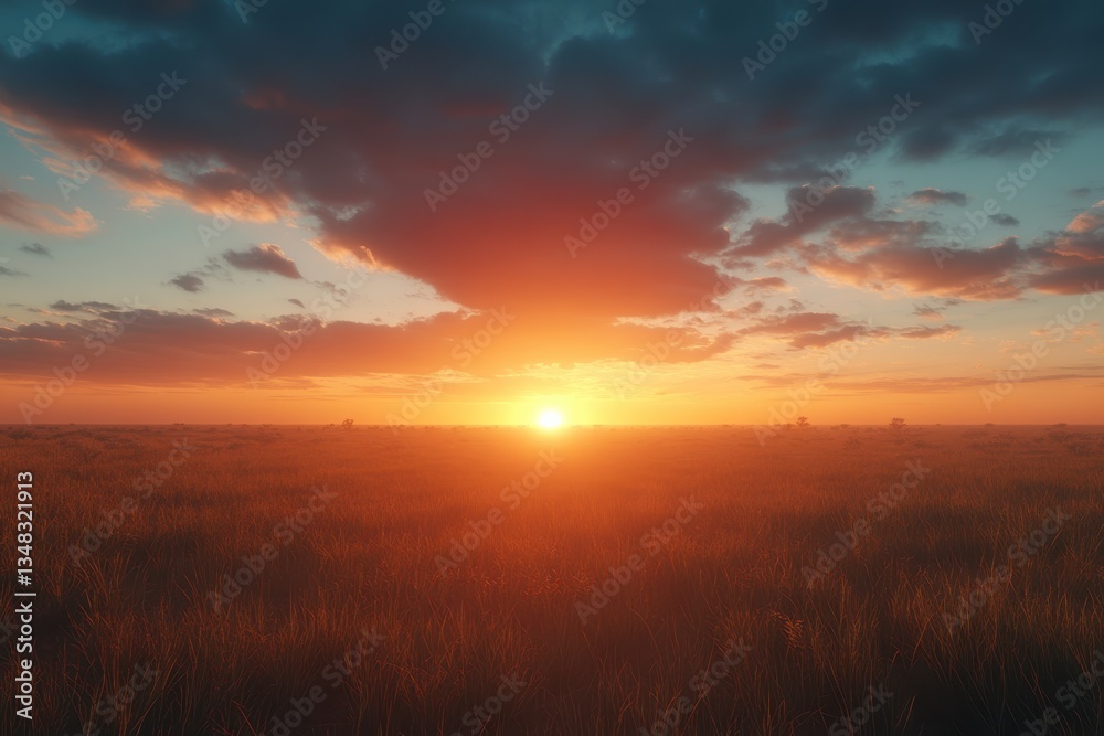 Fototapeta premium Golden sunset casts a warm glow over tranquil fields under a colorful sky