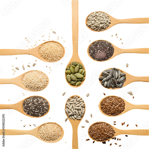 Healthy Seeds & Grains in Spoons on Transparent  background