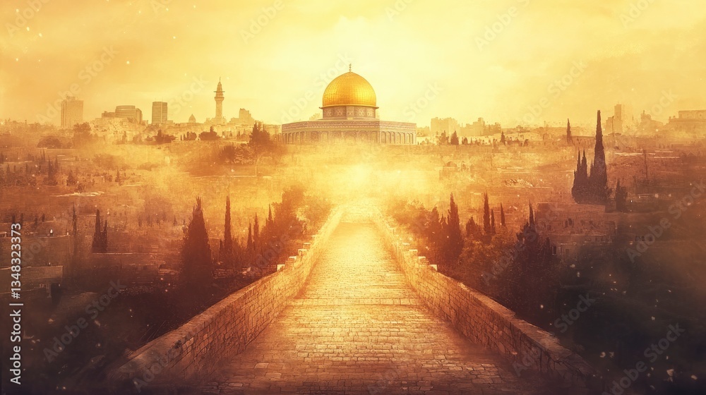 Naklejka premium Dome of the Rock Path Leading to Jerusalem Cityscape in Golden Light
