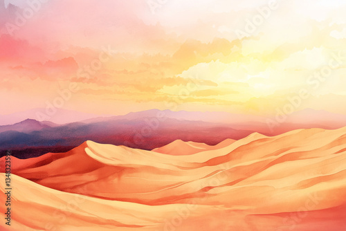 Desert sunset and sunrise with mountain sunset scene, water color