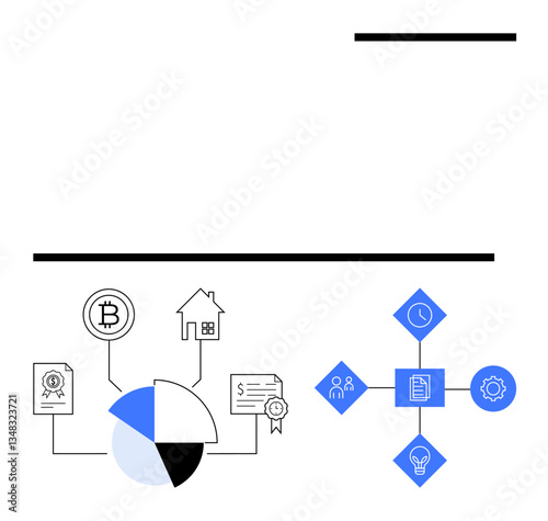 Blockchain connections link pie chart to Bitcoin, certificate, house. Right segment shows workflow with process icons. Ideal for finance, blockchain, real estate, data flow, planning investment