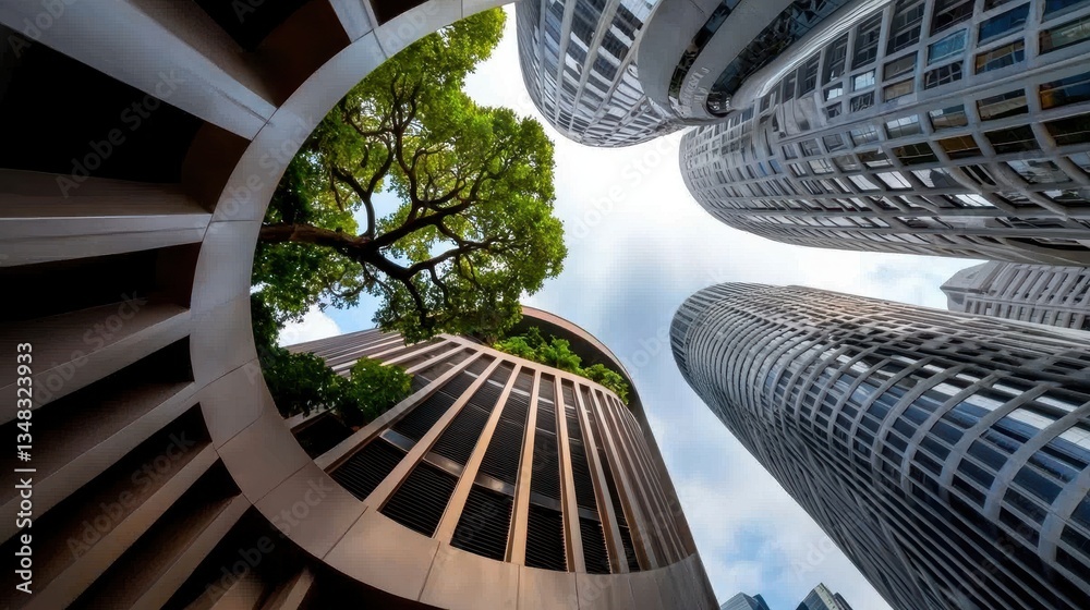 Obraz premium Low Angle View of Modern Skyscrapers Surrounding a Lush Green Tree in Urban Setting