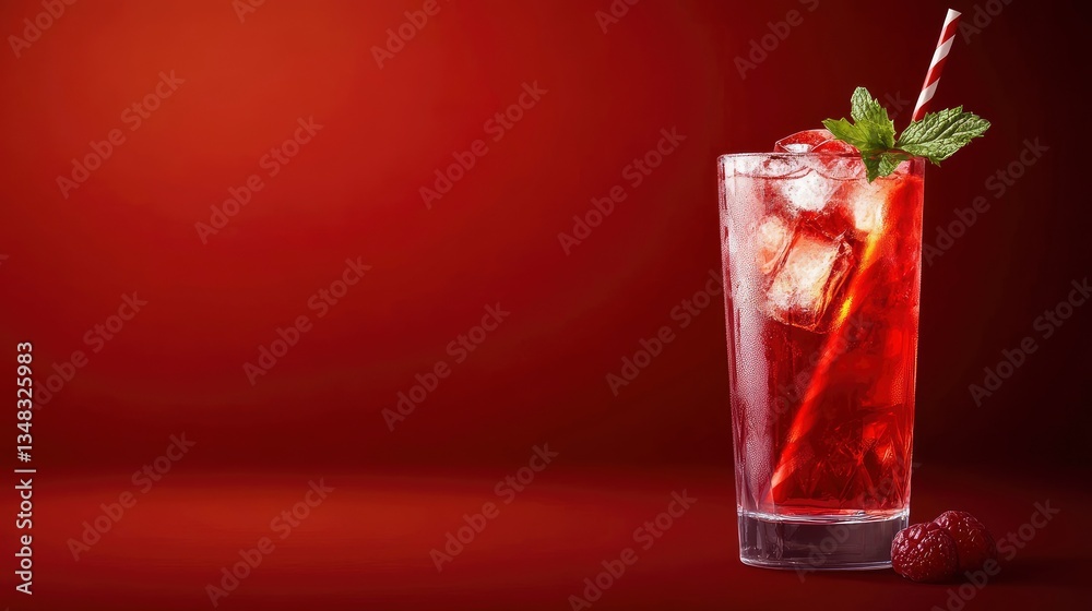 Refreshing Raspberry Cocktail with Ice Cubes and Mint on Red Backdrop Refreshing Raspberry Cocktail with Ice Cubes and Mint on Red Backdrop