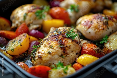 Roasted chicken and vegetables in a baking dish