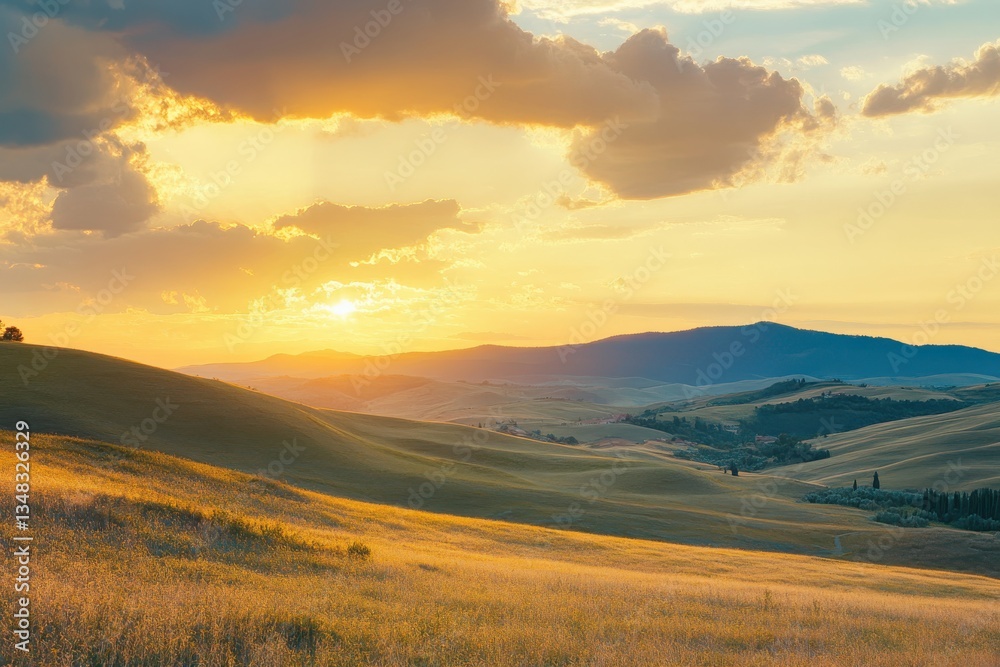 A breathtaking sunset casts golden hues over rolling hills and valleys in a tranquil landscape A breathtaking sunset casts golden hues over rolling hills and valleys in a tranquil landscape