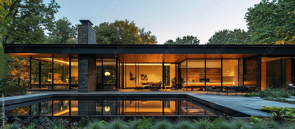 Fototapeta premium Modern luxury home with a pool and glass windows reflecting light