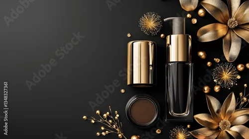 Fototapeta Elegant black and gold cosmetic products are arranged artfully on a dark background with decorative gold flowers and beads for a luxurious beauty product advertisement.