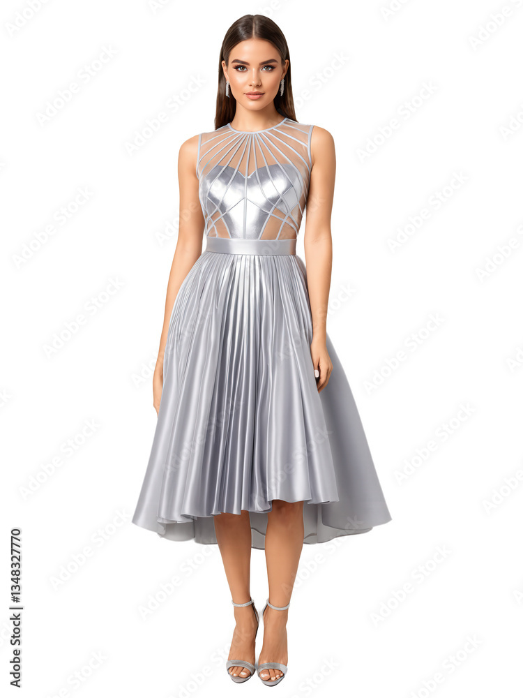 Sculptural metallic structured dress, midi length, with a fitted bodice and pleated skirt, sheer mesh insert at the waist for Sculptural metallic structured dress, midi length, with a fitted bodice and pleated skirt, sheer mesh insert at the waist for