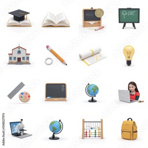 Education Still Life: School Supplies, Books, Globe, Blackboard, Microscope, Backpack, and Learning Icons Arrangement for Back to School Theme.