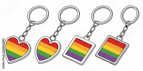 Rainbow keychains, keyring holders with lgbt flag symbolic isolated on white background. Metal heart, round, square and rectangular gift accessories or souvenir pendants mockup Realistic 3d vector set