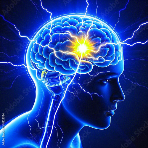 Digital illustration of the human brain. Electrical activity on a blue background.