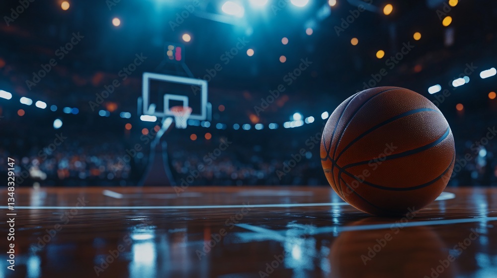 Obraz premium Closeup of Basketball on Gleaming Court, Night Game Atmosphere