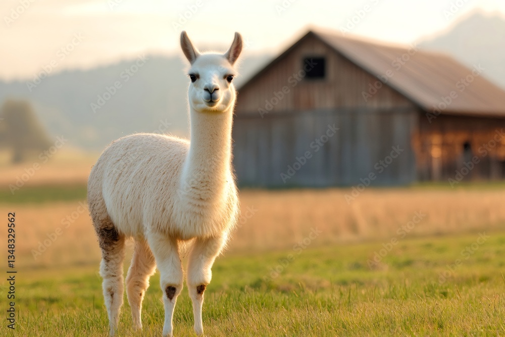 White llama standing in a field with a barn in the background White llama standing in a field with a barn in the background