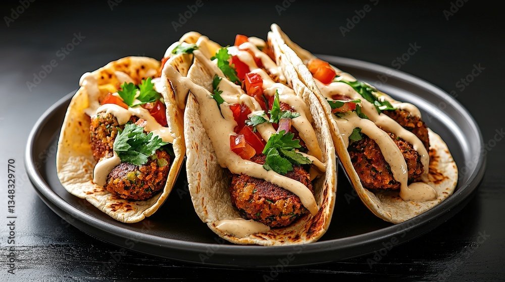 Three delicious vegetarian tacos filled with seasoned lentil patties are artfully arranged on a dark gray plate drizzled with creamy sauce and garnished with fresh cilantro and Three delicious vegetarian tacos filled with seasoned lentil patties are artfully arranged on a dark gray plate drizzled with creamy sauce and garnished with fresh cilantro and