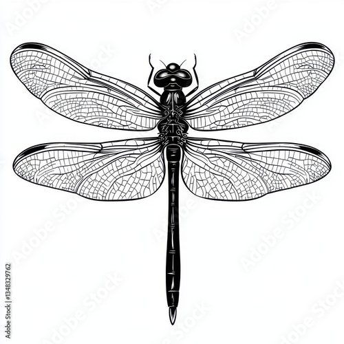 Intricate Dragonfly Illustration with Detailed Line Art and Symmetric Design on White Background