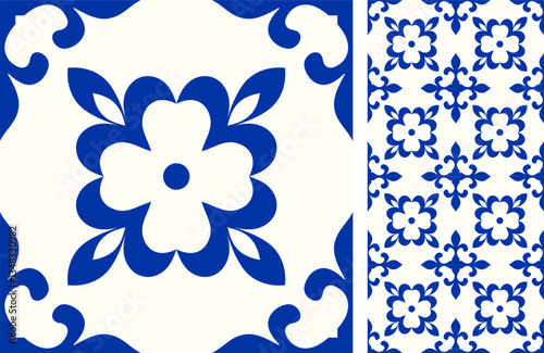 Seamless Azulejo tile. Portuguese and Spain decor. Ceramic tile in blue and white. Seamless Floral pattern. Vector hand drawn illustration, typical portuguese and spanish tile
