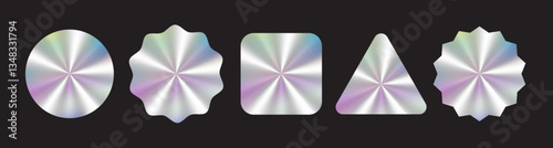 Holographic starburst badges set. Hologram labels or stickers design mockup collection. Shiny silver foil with texture