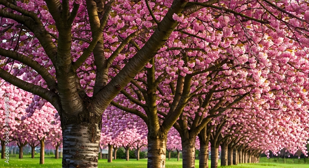Naklejka premium A row of blooming cherry blossoms with soft pink petals filling the trees