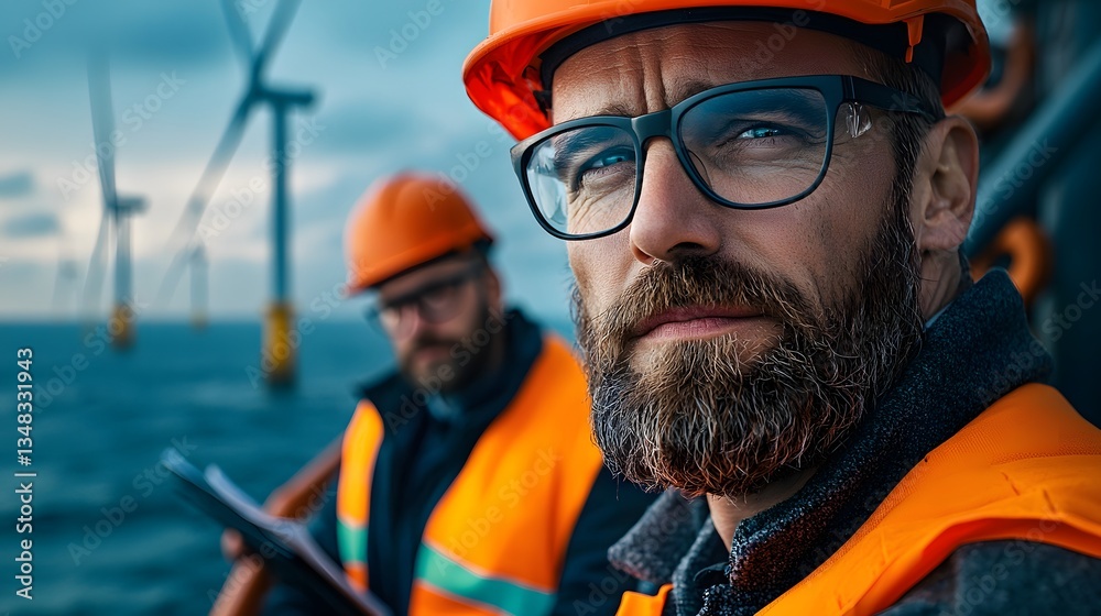 Experienced offshore engineers in hard hats and safety vests closely examining blueprints and monitoring equipment as they oversee the construction of a new offshore wind farm Experienced offshore engineers in hard hats and safety vests closely examining blueprints and monitoring equipment as they oversee the construction of a new offshore wind farm