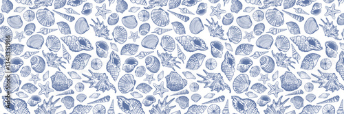 Summer print with blue and white color. Trendy seashells seamless pattern background. Sea wallpaper.