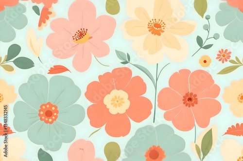 Vibrant Floral Pattern with Pastel Blooms and Teal Leaves
