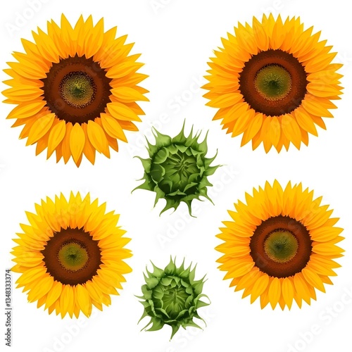 A vector set of sunflowers with a soft watercolor texture, isolated on white