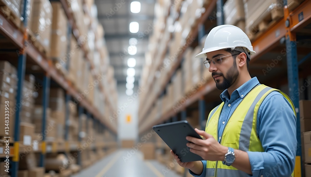 Warehouse Worker Using Tablet for Inventory Management Inside Industrial Storage Warehouse Worker Using Tablet for Inventory Management Inside Industrial Storage