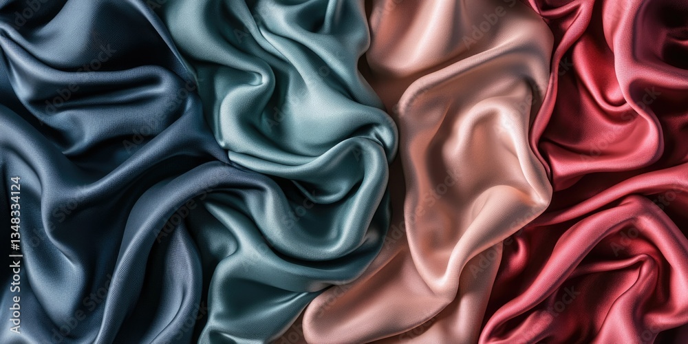 Fototapeta premium A vibrant arrangement of luxurious silk fabrics in various shades of blue, pink, and red, showcasing intricate folds and textures, ideal for fashion design or textile marketing