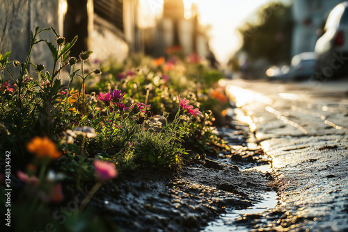 A roadside flower bed is covered in wet earth. The sun shines on the blooms, concrete, and street. It is likely uploaded as a file to this website