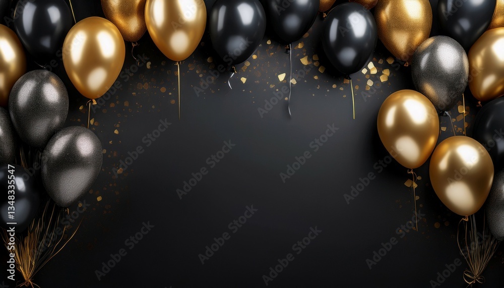 Naklejka premium party celebration background with copyspace framed by black golden silver balloons
