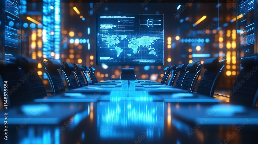 Digital conference room with illuminated display and chairs is seen Digital conference room with illuminated display and chairs is seen
