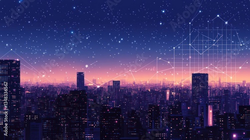 Wallpaper Mural Night city skyline with glowing graphs, futuristic urban view, possible stock photo for business or technology themes Torontodigital.ca