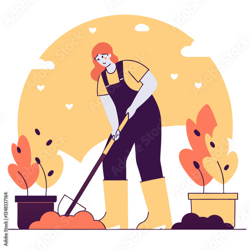 Flat Vector Illustration of a Male Gardener Working with a Hoe in a Garden