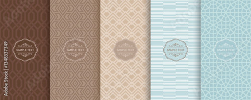 Set of Cute geometric seamless patterns on modern background with minimal labels, frames. Abstract vector textures. Design for print, vaucher, decor, package, banner, card