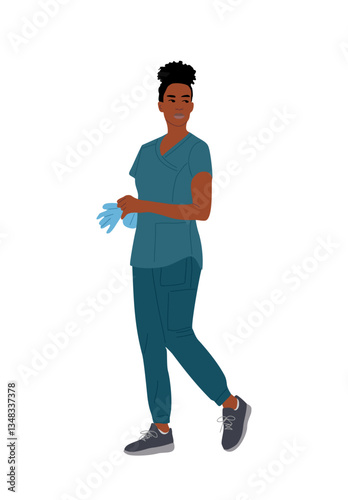 Black professional nurse, doctor woman wearing pink uniform, medical gloves. Pretty african american cartoon female character. Vector colorful illustration isolated on transparent background.